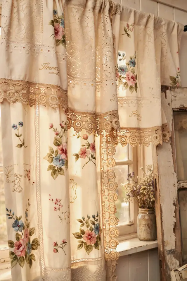 French Country Lace Curtain | Handmade Sheer Patchwork for Farmhouse Windows | Custom Sizes Available