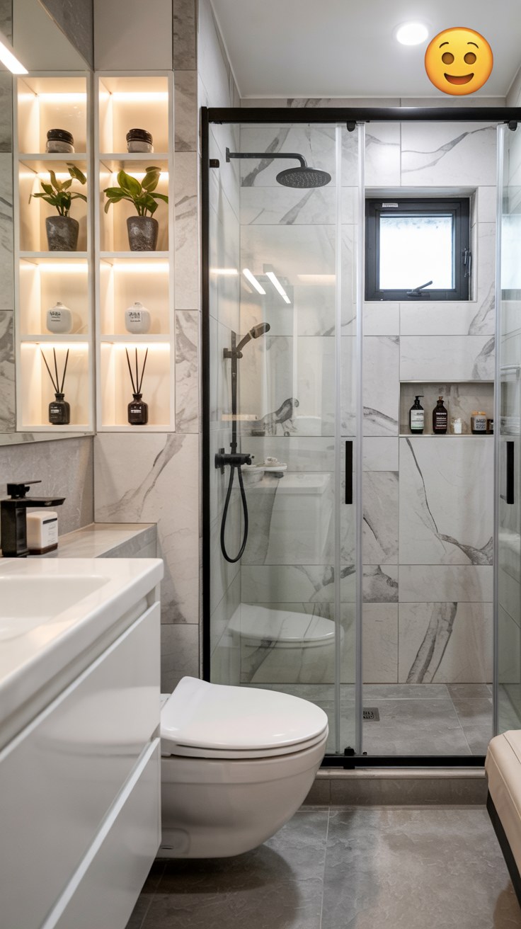 Luxury Small Bathroom Ideas with Marble Shower and Storage