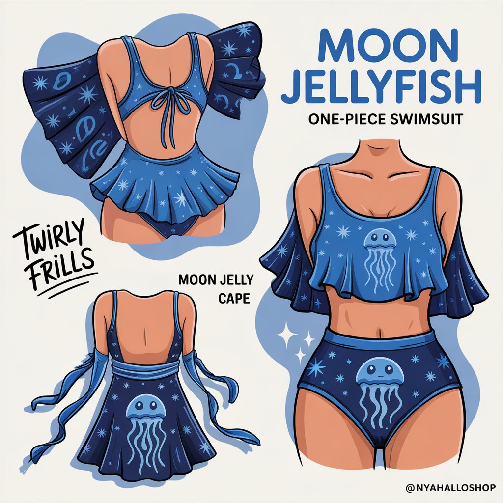 Moon Jellyfish One-Piece Swimsuit with Cape - Unique Ocean-Inspired Design