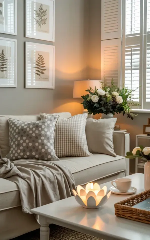 Botanical prints and cozy pillows for farmhouse living room decor