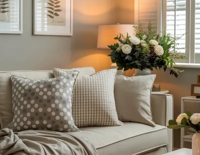 Botanical prints and cozy pillows for farmhouse living room decor