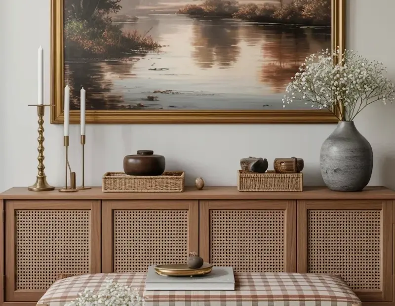 Before & After: Modern Farmhouse Living Room Decor with Gold Framed Landscape Art