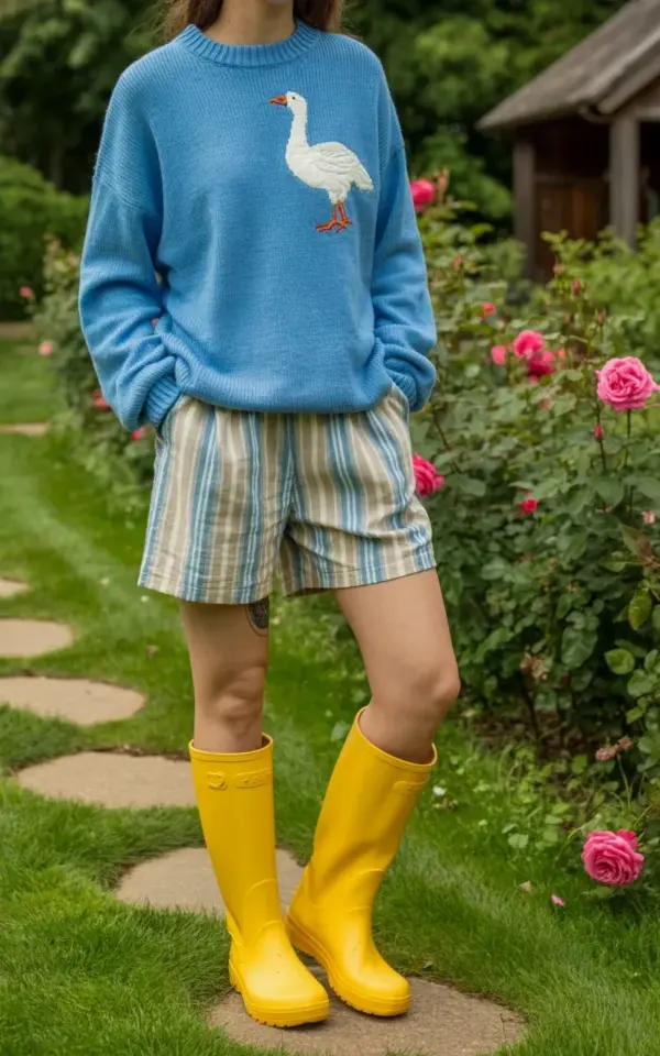 Light blue sweater with goose embroidery outfit idea for rainy garden walks