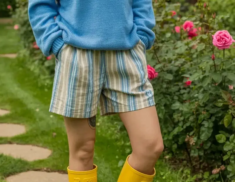 Light blue sweater with goose embroidery outfit idea for rainy garden walks