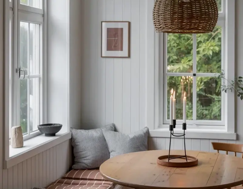 Cozy farmhouse sunroom dining: round table, spindle chairs & rattan pendant ☀️