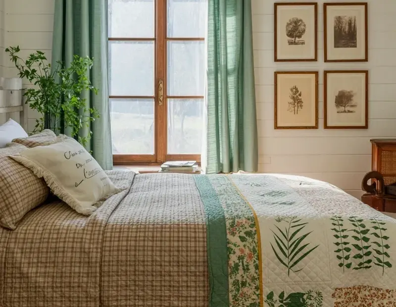Cozy farmhouse bedroom with mint green curtains and plaid bedding