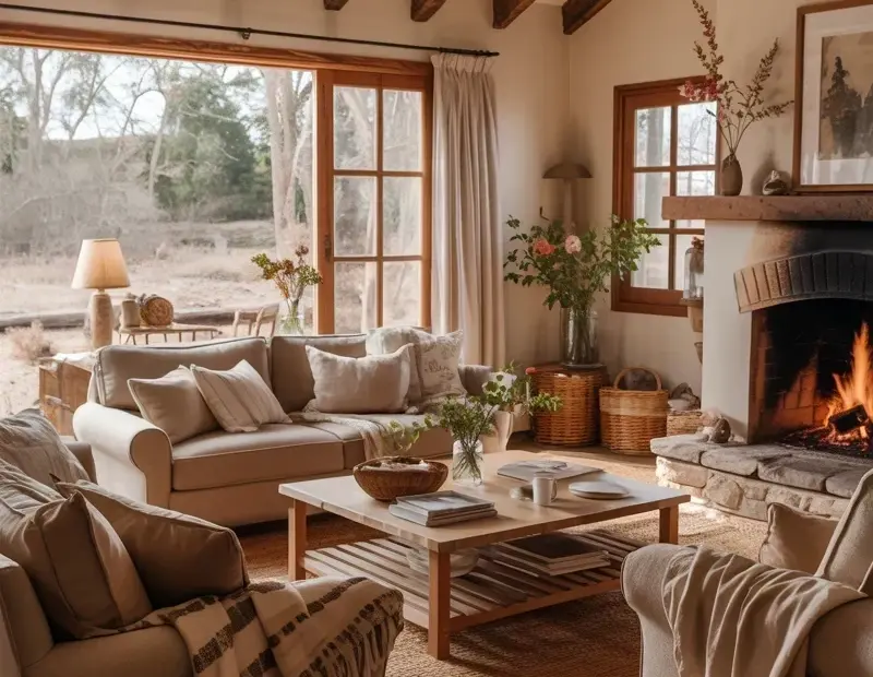 Cozy Rustic Living Room with Stone Fireplace for Winter Evenings