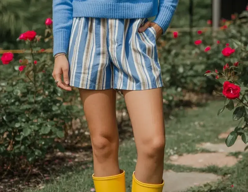 Yellow rain boots outfit idea - cozy knit sweater, striped shorts, garden stroll