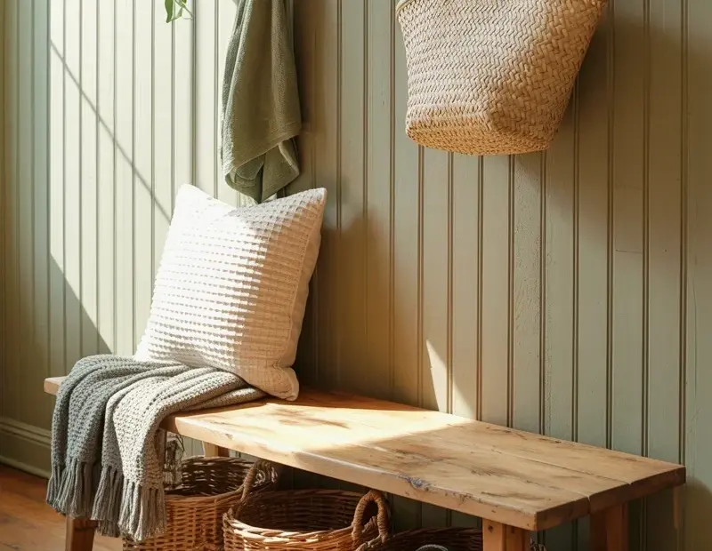 Cozy farmhouse entryway bench with woven baskets and sage green wall