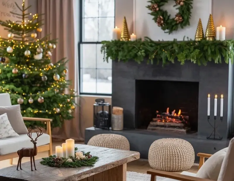Modern Farmhouse Christmas Living Room with Black Fireplace and Gold Bells
