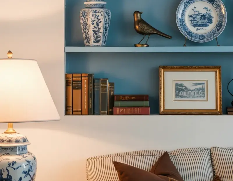 Farmhouse Bookshelf Decor | Vintage Books & Blue Chinoiserie Jar Styling