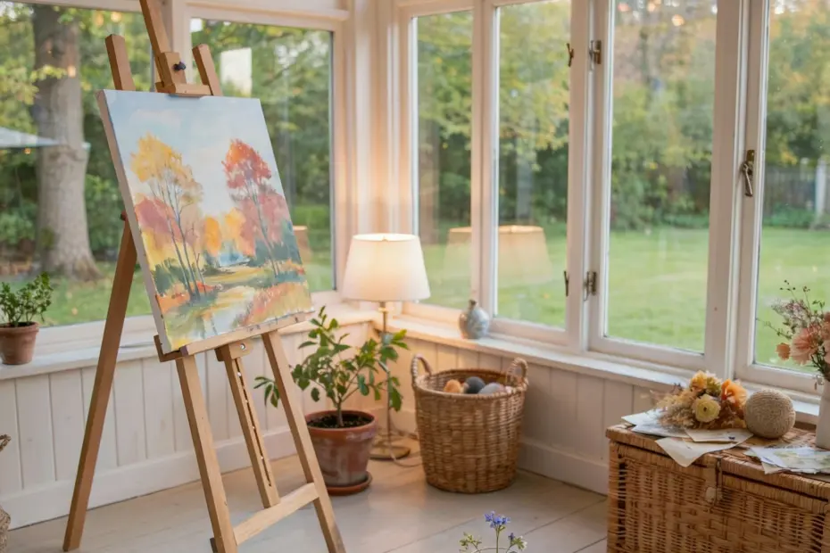 Cottagecore Sunroom with Wicker Art Easel | Quiet Luxury Farmhouse Decor | Heirloom-Inspired Living Space