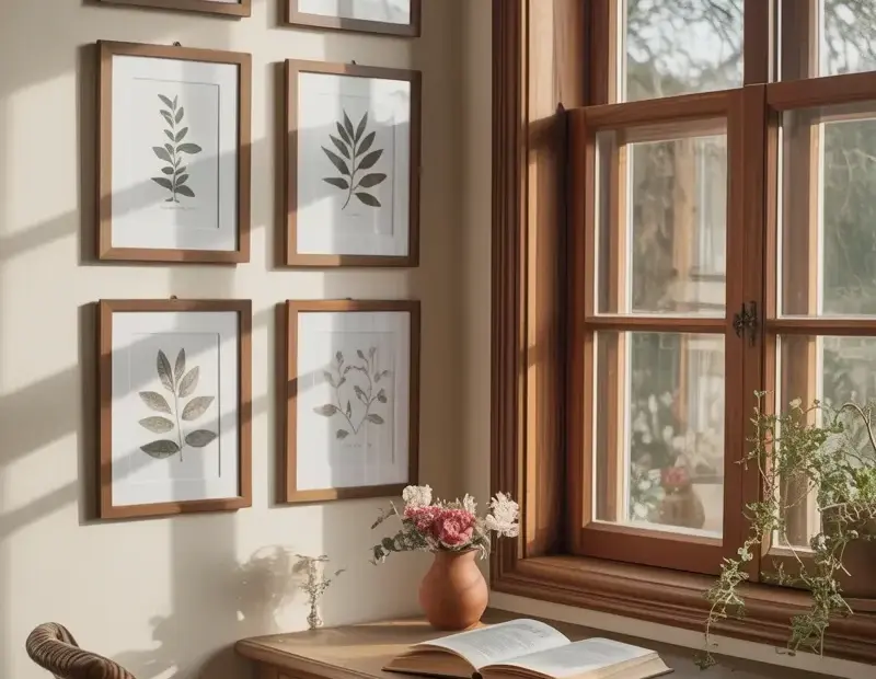 Cozy Farmhouse Reading Nook by a Sunny Window with Botanical Prints