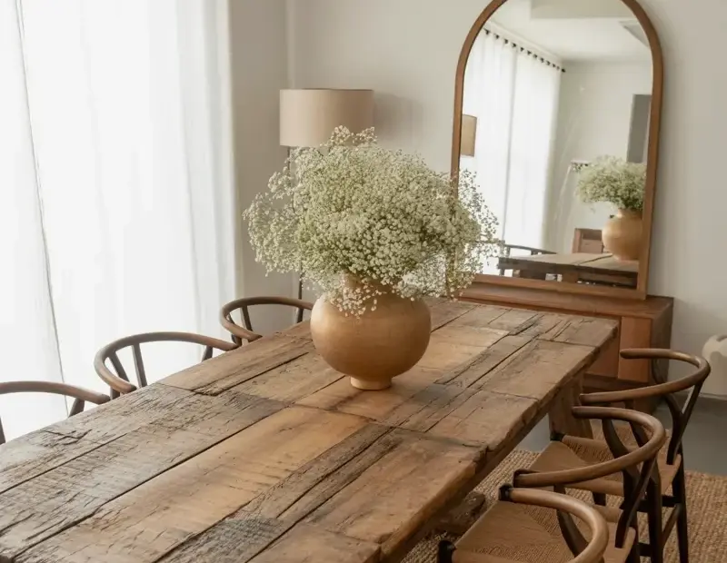 Rustic Farmhouse Dining Room with Wishbone Chairs & Arched Mirror | Spring Brunch Ideas