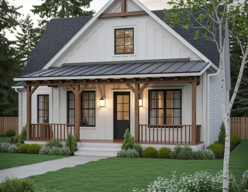 Modern Farmhouse Exterior with Wooden Porch | White House + Black Door Ideas