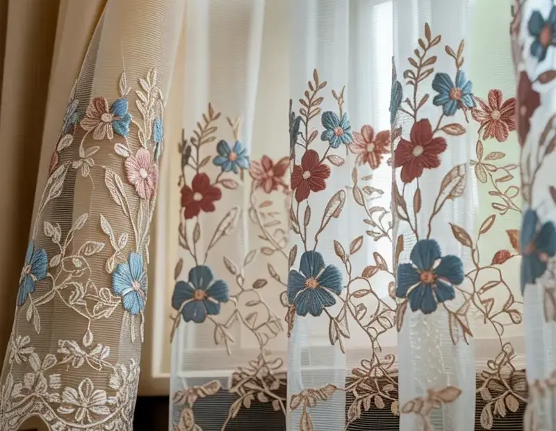 White Lace Curtains with Floral Embroidery in Blue and Pink
