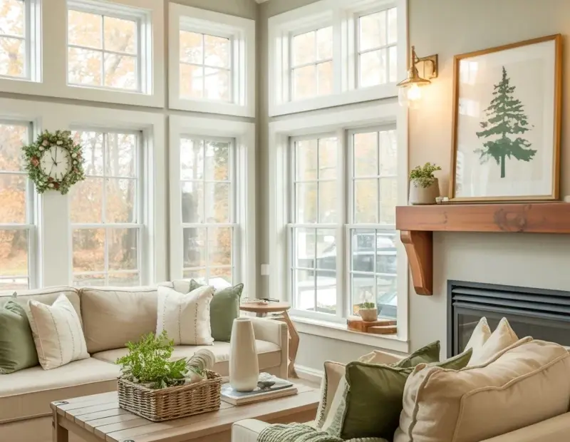 Farmhouse Living Room with Vaulted Shiplap Ceilings and Sage Green Accents