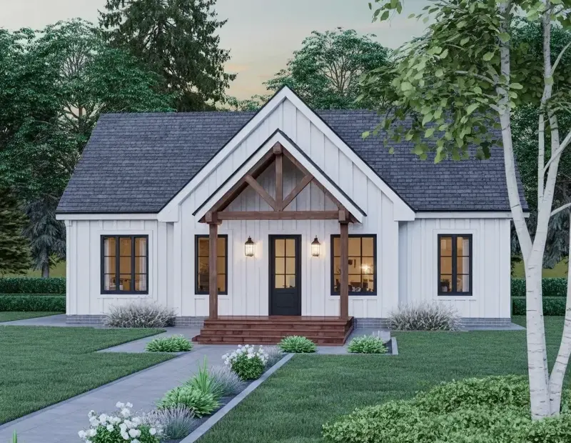 Modern Farmhouse Exterior with a Cozy Porch | White House Black Door Inspiration