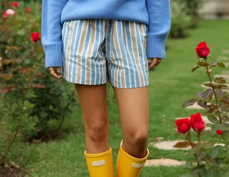 Budget-Friendly Spring Outfit with Striped Shorts & Yellow Rain Boots