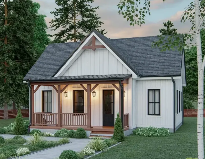 Modern Farmhouse Exterior - Black Metal Door, White Siding & Wood Porch
