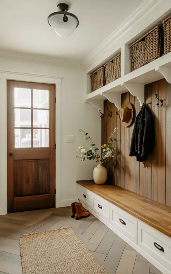 Modern Farmhouse Mudroom Ideas | Built-In Bench, Coat Hooks, Herringbone Floor