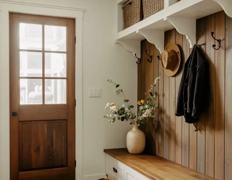 Modern Farmhouse Mudroom Ideas | Built-In Bench, Coat Hooks, Herringbone Floor