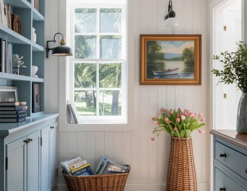 Farmhouse Hallway Ideas with White Beadboard and Blue Built-In Cabinets
