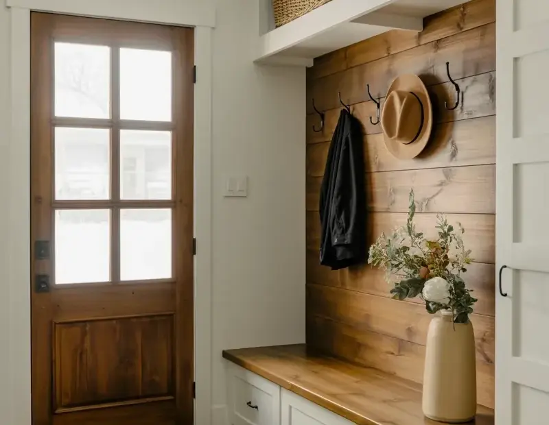 Modern Farmhouse Mudroom Entryway: How to Add a Built-In Bench and Coat Hooks