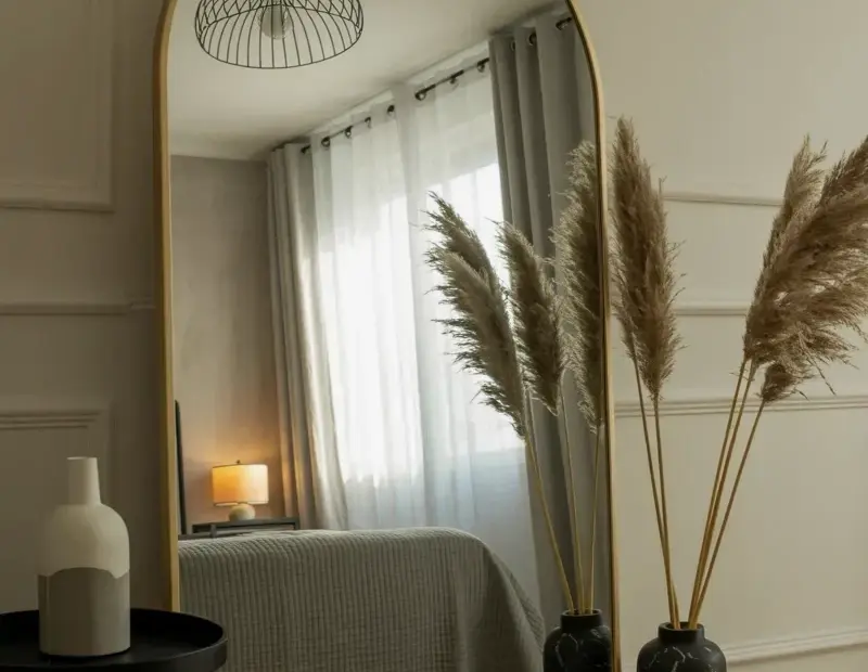 This leaning arched mirror + pampas grass is my favorite modern farmhouse bedroom look