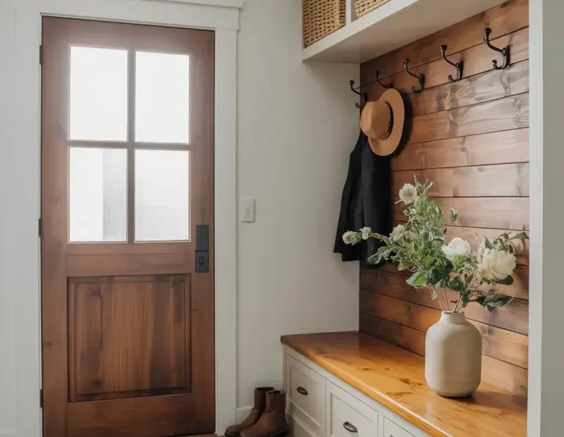 Modern Farmhouse Mudroom Makeover with Built-In Bench and Herringbone Floors